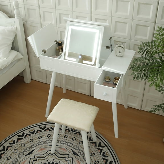 Led Lighted Vanity Desk With Drawers And Cabinet In Milk White Wood, Makeup Table For Bedroom & Bathroom, 3 Lighting Choices, Robust Modern Mirror Drawer