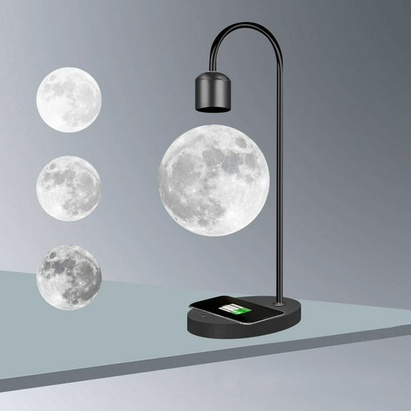 Led Lights for Bedroom, Levitating Moon Lamp Levitation Black Table LED Night Light Room Decor Floating Desk Toys For Decoration Present With Phone Wireless Charging Pad