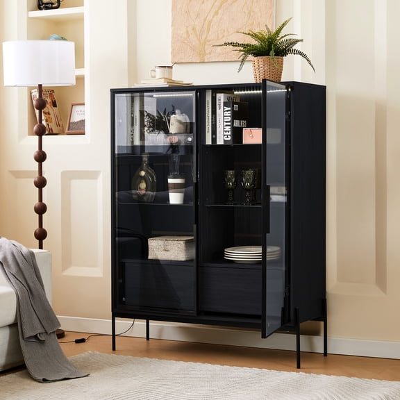 Led Lit Cabinet With Tempered Glass Shelves And Metal Legs - Contemporary For Living Room, Office, Study, Black Modern Lights Storage For Study Decor