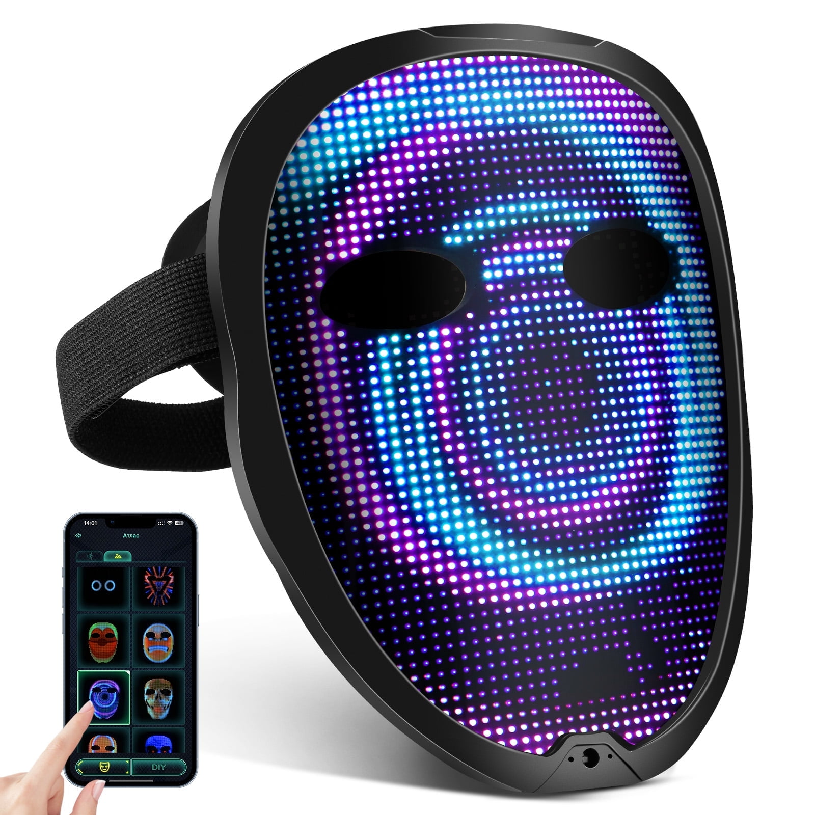 A black LED mask with blue and purple lights