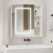 Hironpal, White, E1 grade particle board copper-free silver mirror, Lighted Mirror Cabinet with Defogger Surface Mount, 27.50 x 27.50 x 5.10 Inches