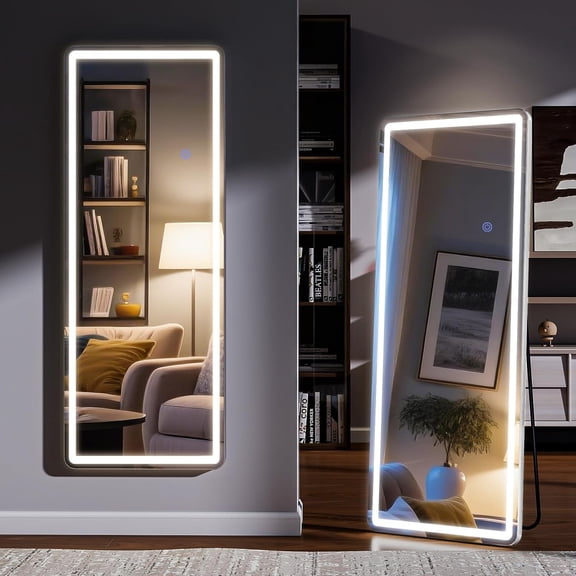 Led Mirror Full Length 16 x 60 Inch Tempered Glass Full Body Mirrors with Dimming & 3 Color Lighting Standing Leaning or Hanging Full Length led Mirrors for Bedroom Dressing Room Rect