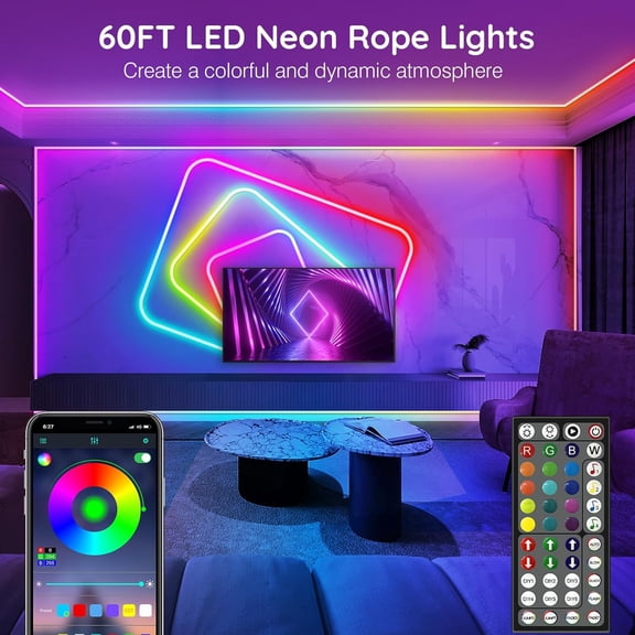 Led Neon Rope Lights 60FT,Control with App/Remote,Flexible Led Rope Lights,Multiple Modes,IP68 Outdoor RGB Neon Lights Waterproof,Music Sync Gaming Led Strip Lights for Bedroom Indoor