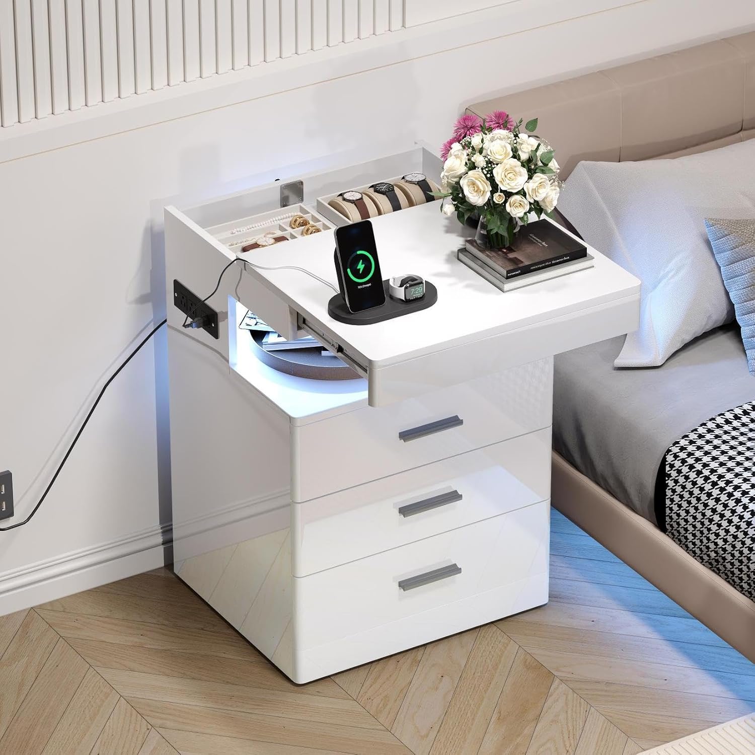 Tech Nightstands Led Nightstand with Hidden Space, Modern Night Stand with Charging ...