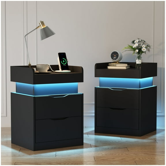 IDEALSOUL led Nightstand Set of 2 with Charging Station Black Smart Nightstand with 3 Hidden Drawer Modern Bedside Table End Side Table Nightstands for Bedroom Living Room, for adults