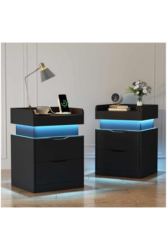led Nightstand Set of 2 with Charging Station Black Smart Nightstand with 3 Hidden Drawer Modern Bedside Table End Side Table Nightstands for Bedroom Living Room, for adults