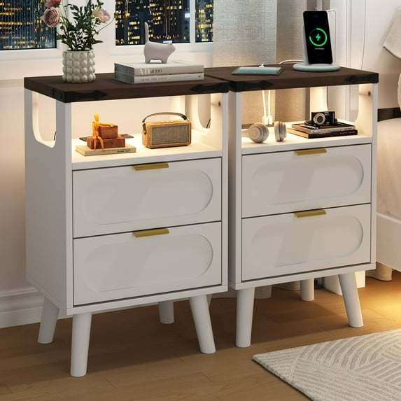 IDEALSOUL Nightstand Set of 2 with Charging Station, Smart Led Nightstand with 2 Drawer, Modern Bedside Table End Side Table Nightstands for Bedroom, Living Room,White