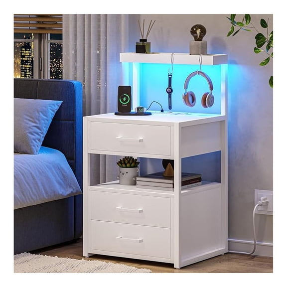 Led Nightstand with Charging Station, 3 Drawers White Bedside Tables, Modern End Side Table with RGB Lights & USB Ports, Bedroom Furniture