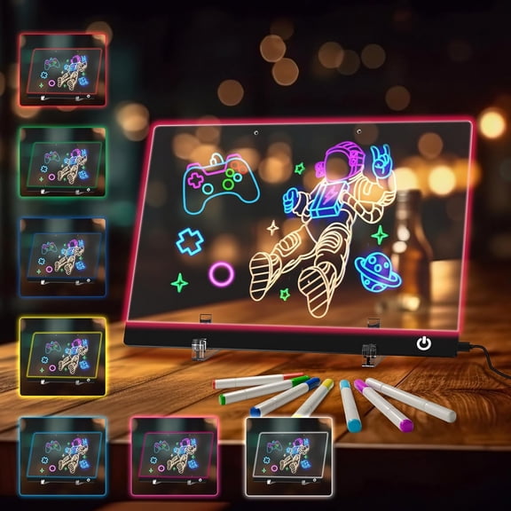 Led Note Board with 7 Colors 13.7"X10", Acrylic Dry Erase Board with Light, Doodle Glow Drawing Board with 5 Modes, Touch Control, LED Drawing Board for Kids with Stand, 7 Markers