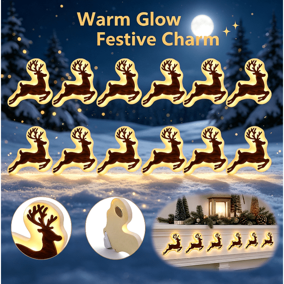 Led Reindeer Wall Decorations, Wooden Led Illuminated Reindeer Wall Hangings 12Pcs Lights & 1 Remote Set For Home Holiday Display