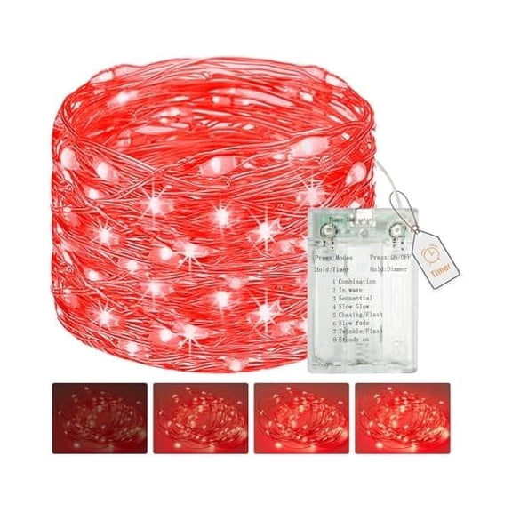 Rope Lights Btfarm Valentines Day Fairy Lights Battery Operated with Timer, 16.4 Ft 50 Led Silver Wire Twinkle String Lights 8 Modes Dimmable Waterproof , Red