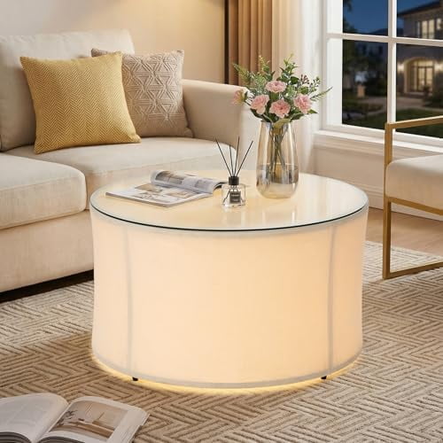 Led Round Coffee Table, 29" Center Table with Light, Adjustable Brightness Color Modern Coffee Table, Easy Assembly, Beige Circle Glass Cloth Coffee Table for Living Room Small Space$$Furniture