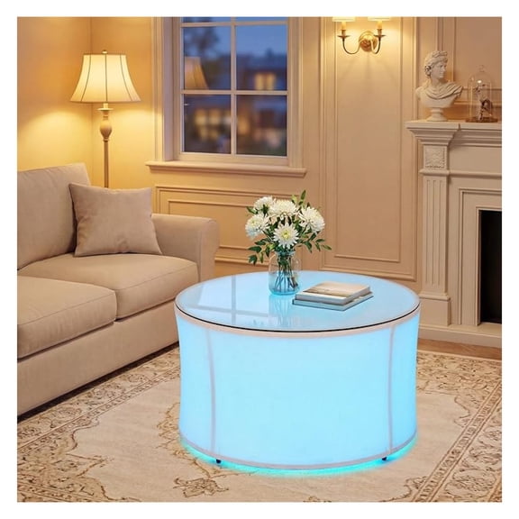 Led Round Coffee Table, 29" Center Table with Light, Adjustable Brightness Color Modern Coffee Table, Easy Assembly, Beige Circle Glass Cloth Coffee Table for Living Room Small Space