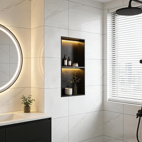 Led Shower Niche 24" X 12" Matte Black Stainless Steel Shower Niche with 2-Tiers Shelf & Light Waterproof No Tile Needed Niches Shower for Bathroom Storage Recessed Bathroom Shelves