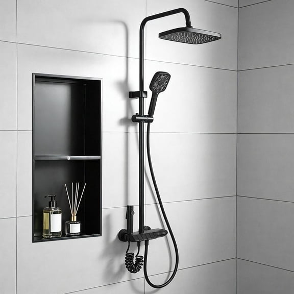 Led Shower Niche 24" X 12" Matte Black Stainless Steel Shower Niche with 2-Tiers Shelf & Light Waterproof No Tile Needed Niches Shower for Bathroom Storage Recessed Bathroom Shelves