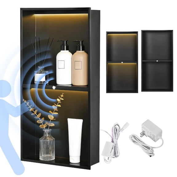 Led Shower Niche 24" X 12" Matte Black Stainless Steel Shower Niche with 2-Tiers Shelf & Light Waterproof No Tile Needed Niches Shower for Bathroom Storage Recessed Bathroom Shelves