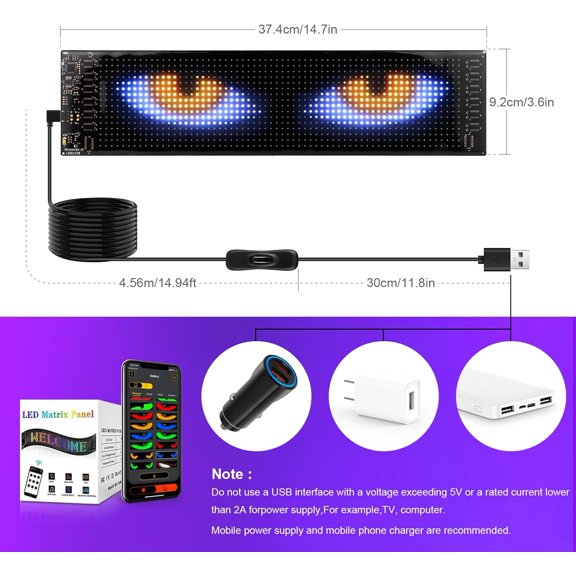 Led Sign for Car Window- 15x4'' Programmable LED Message Display for Car, USB 5V Scrolling Sign Custom Animations Text, Bluetooth APP Control Flexible LED Matrix Panel for Store Party Bar Festival