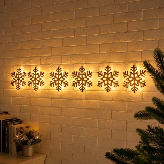 Led Snowflake Wall Lights with Warm White Glow, Set of 7, Brown Frame, for Indoor and Outdoor Wall Decor, Christmas Decorations