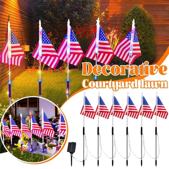 Led Solar Flag Lights With 6 American Flags (Silk Fabric) - Ground Stake Design, Solar-Powered, Waterproof For Outdoor Decor - Courtyards, Villas, Gardens, Yards