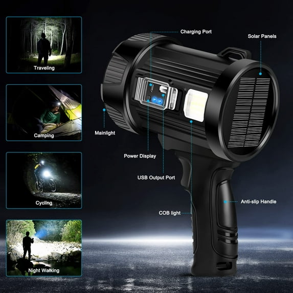 Led SpotLights Outdoor Handheld, 90000 Lumens Super Bright Handheld Spotlight Flashlight with Solar Panels, Led Spot Lights for Outdoor,Hunting,Camping,Boating