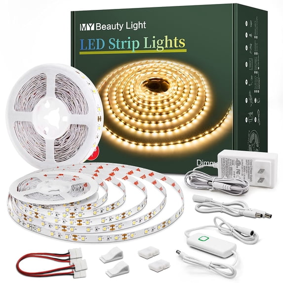 Led Strip Lights 16.4 Feet Dimmable Warm White Led Light Strip Flexible Led Rope Lights 12v Under Cabinet Lighting Kits with UL Power Supply, Adhesive Clips, Dimmer Switch and Connectors 1