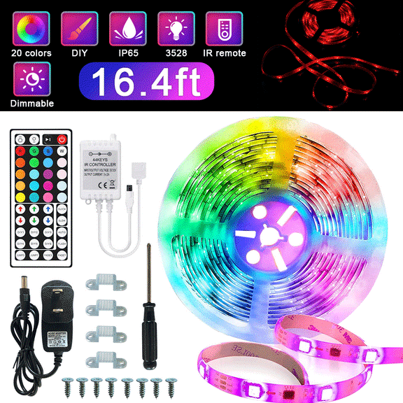 Led Strip Lights 16.4ft 3528 RGB LEDs Color Changing Lights Strip for Bedroom, Desk, Home Decoration, with Remote and 12V Power Supply