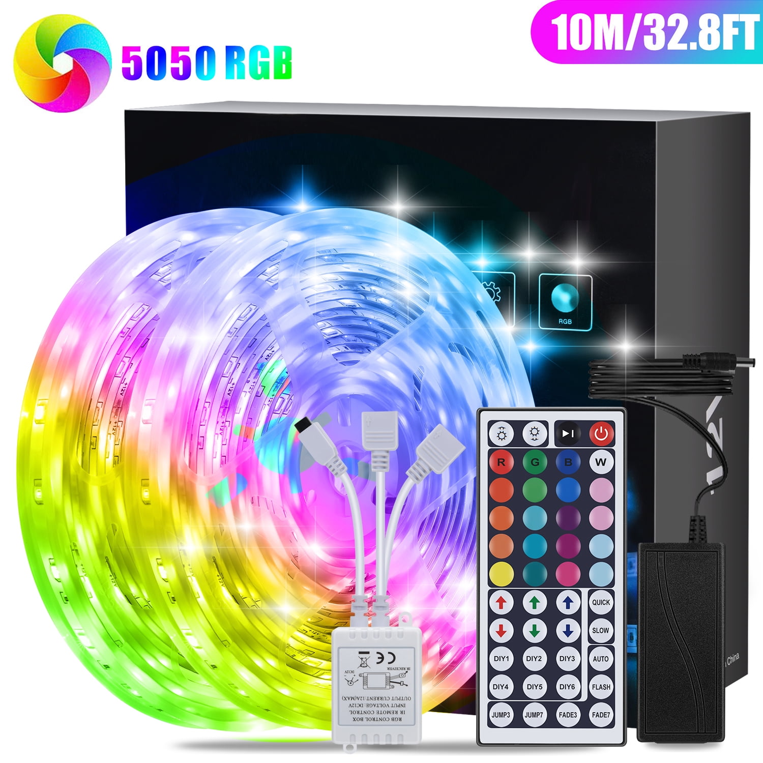 Led Strip Lights 32.8 Feet with 44Keys Remote and 12V Power Supply, Bright and Multi-color RGB LED Lights for Room, Bedroom, Kitchen, Yard, Party, Home Decoration