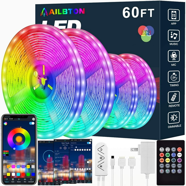 Led Strip Lights,60ft Led Light Strip Music Sync Color Changing RGB Led  Strip Built-in Mic,Bluetooth App Control LED Tape Lights with Remote,5050  RGB
