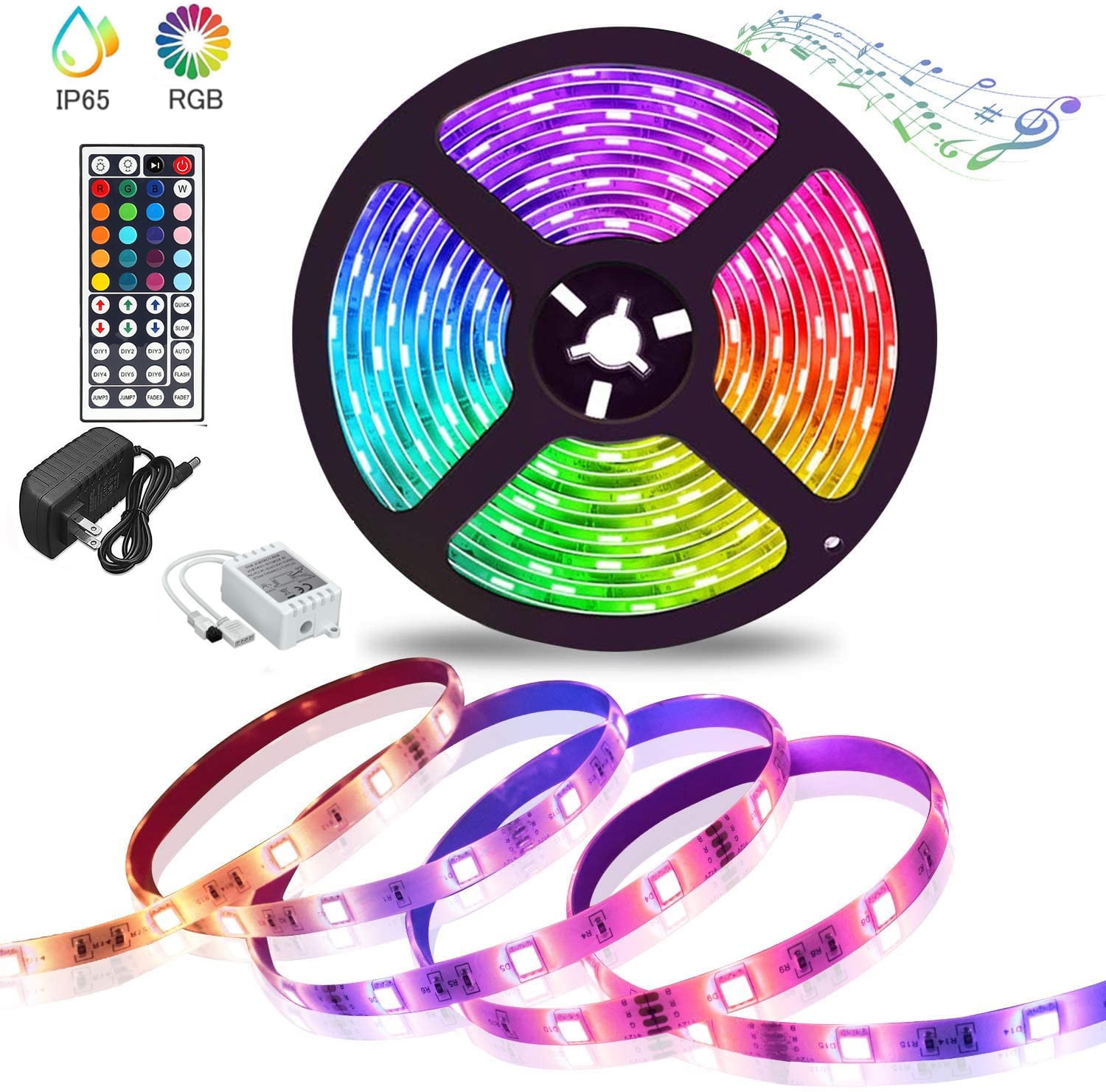 Led Strip Lights Kit 16.4ft Rgb Color Changing Flexible with 44 Keys Remote Controller and 12v Power Supply