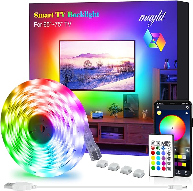 Led Strip Lights, Maylit Tv Led Backlight 14.3ft for 65-75in Tv Bluetooth Control Sync to Music, USB Bias Lighting Tv Led Lights Kit with Remote - RGB 5050 LEDs Color Lights for Room Bedroom
