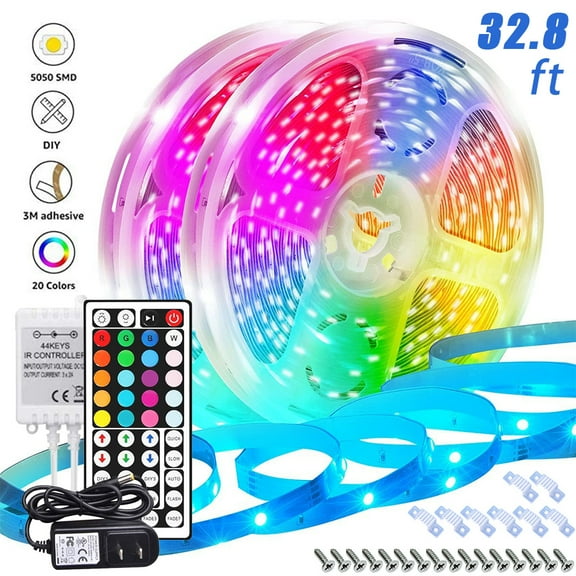 Led Strip Lights Waterproof 32.8FT/10M Flexible Color Changing RGB 3528 led Strip Light Kit with 44 Keys IR Remote Controller and 12V Power Supply for Bedroom Home Kitchen Decoration DIY Decoration