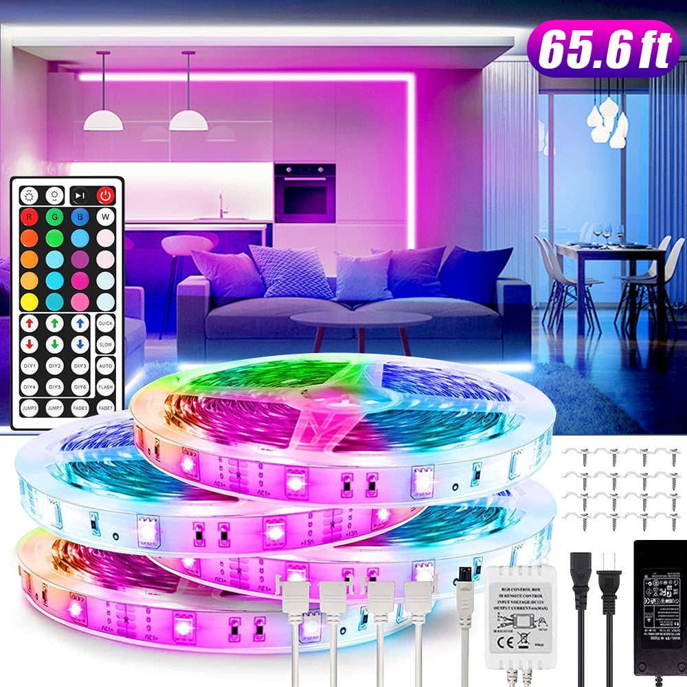 Led Strip Lights for bedroom 65.6ft(20M) 5050 SMD RGB Flexible LED Tape Lightswith DC12V Power Supply 44Key IR Remote Controller for Under Cabinet Lighting Bedroom, Living Room