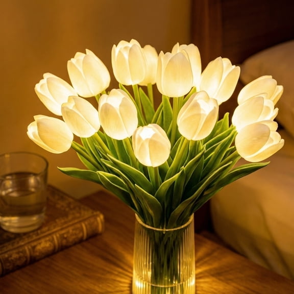 Led Tulip Flower Lights, Radiant Romantic Tulip Light With A Vase, 15 Pcs Twinkling Tree Tulips Led Night Light That Never Fade, Flower Shaped Ambient Night Lamp for Bedroom Bedside Decor, White