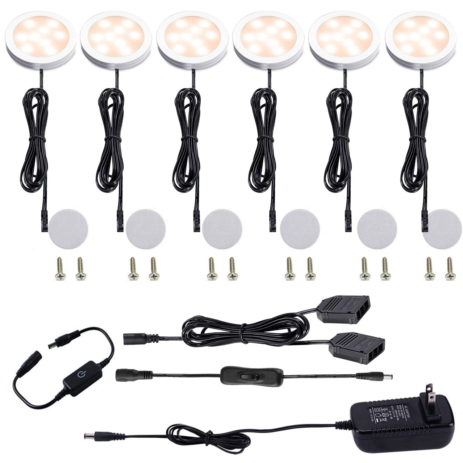 Dimmable Under Cabinet LED Puck Lights Kit with Touch Switch - 6 Warm White Lights for Kitchen, Cupboard, and Closet Lighting
