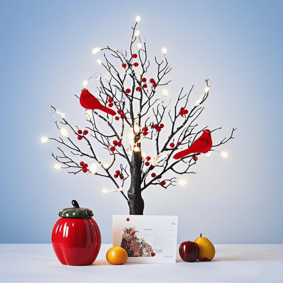 Led Vintage Glowing Tree with Cardinals, 2026 New Cardinal Christmas Tree with Berries for Tabletop Centerpiece Christmas Decorations Holiday Party, Indoor Office Decor (2Pcs) Black (1Pc)