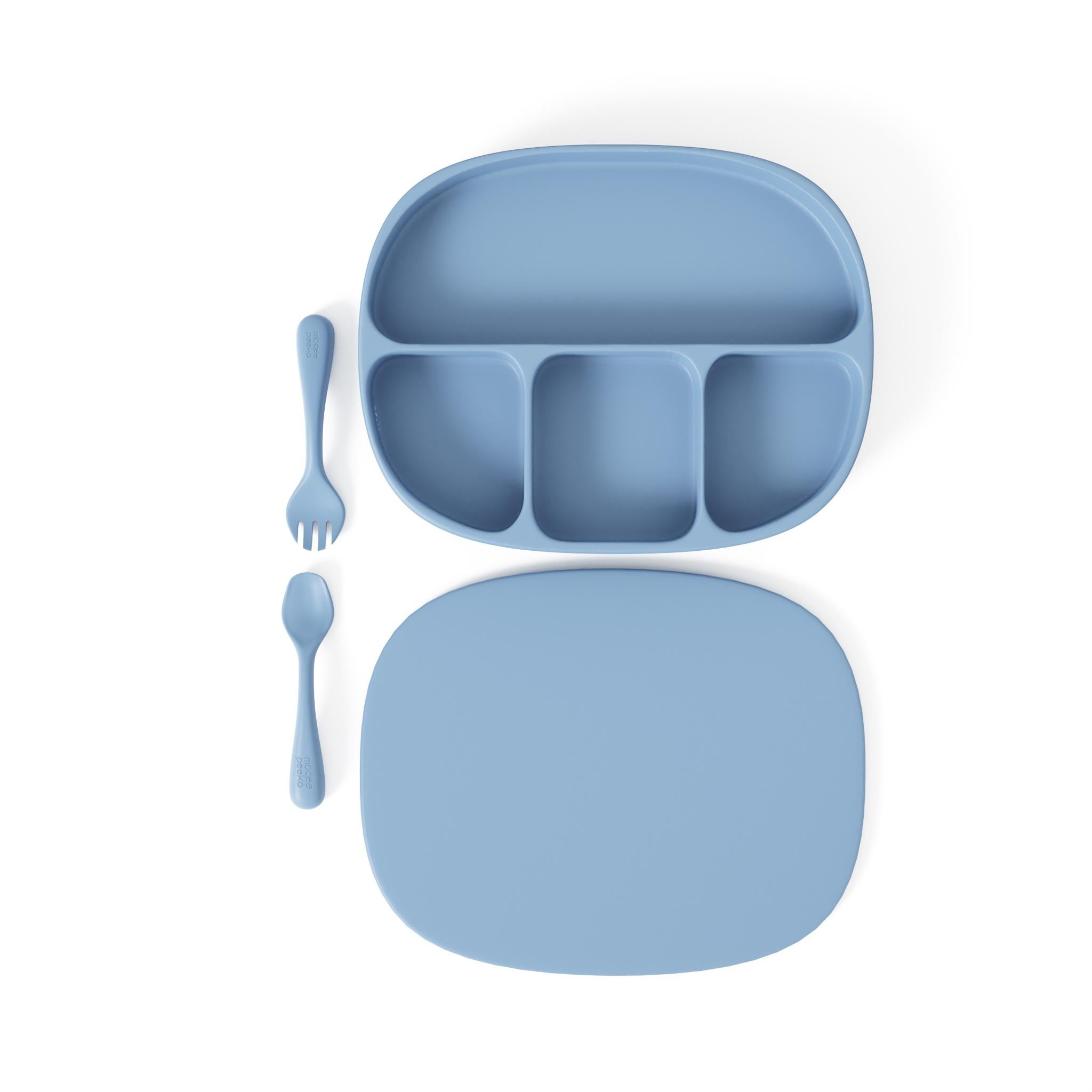 Led Weaning Set with Suction Tray and Baby Utensils by Muqee Peeko in Blue Color - (3 Piece Set)