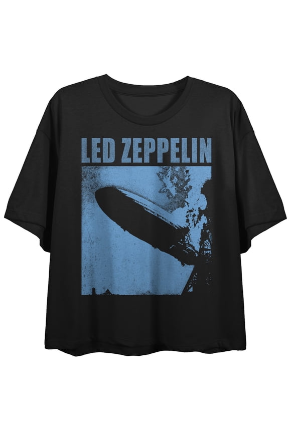 Led Zeppelin Blue Blimp Women's Black Crew Neck Short Sleeve Crop Top-Medium