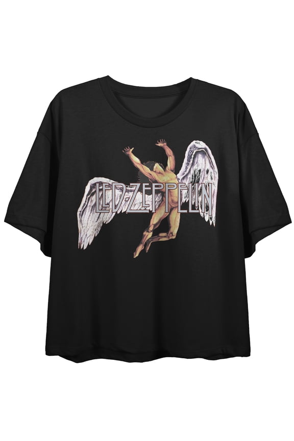 Led Zeppelin Icarus Logo Women's Black Crew Neck Short Sleeve Crop Tee-Medium