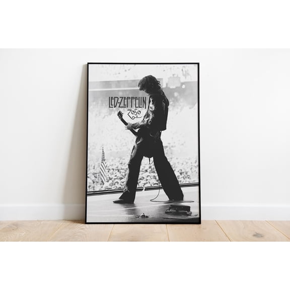 Led Zeppelin Live Guitar Performance Poster, Black and White Rock Stage Photography Wall Art, Size 24x36 Unframed Poster