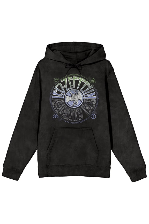 Led Zeppelin Record Logo Adult Mineral Wash Black Salt Long Sleeve Hooded Sweatshirt - Large