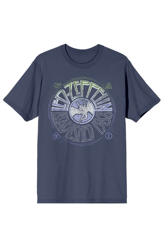 Led Zeppelin Record Logo Adult Navy Crew Neck Short Sleeve T-shirt - Small