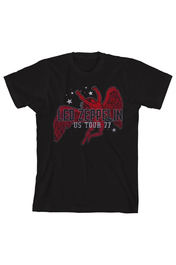 Led Zeppelin Red Icarus Logo U.S. Tour 1977 Boys Black Crew Neck Short Sleeve Tee-Small