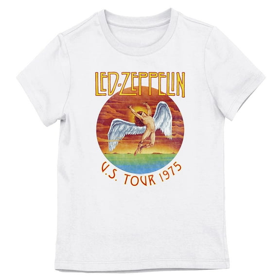 Led Zeppelin U.S. Tour 1975 Band Logo Girl's White Crew Neck Short Sleeve Tee-Medium