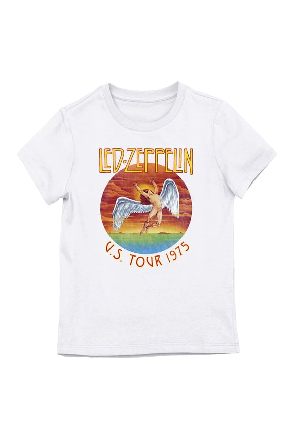 Led Zeppelin U.S. Tour 1975 Band Logo Girl's White Crew Neck Short Sleeve Tee-XS