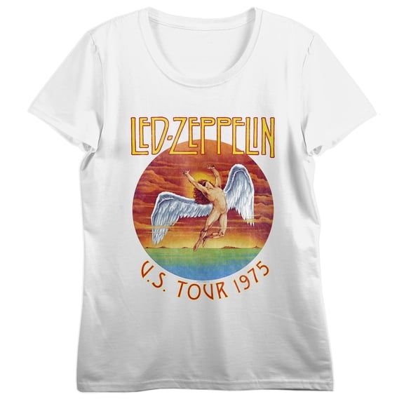 Led Zeppelin U.S. Tour 1975, Band Logo on White Short Sleeve Adult T-Shirt-XL