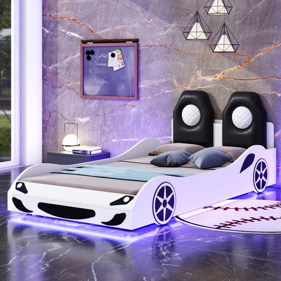 Led-equipped Twin Race Car Style Bed With Comfortable Back Support, White Wood - Safe And Stylish Platform Led Night Soft Support Space Bedroom Solution