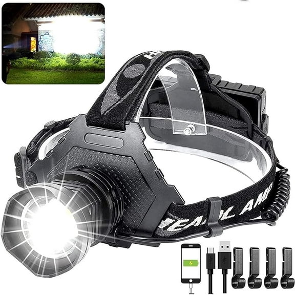 Led rechargeable headlamp 90000 high lumen, xph70 brightest LED work headlight zoomable, waterproof, 90 ° adjustable, 5 modes lightweight head lamp for adult camping, hard hat, hunting