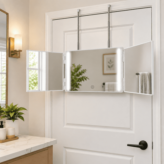 Led-w 3 Way Trifold Mirror with LED Lights for Styling, Shaving, and Makeup