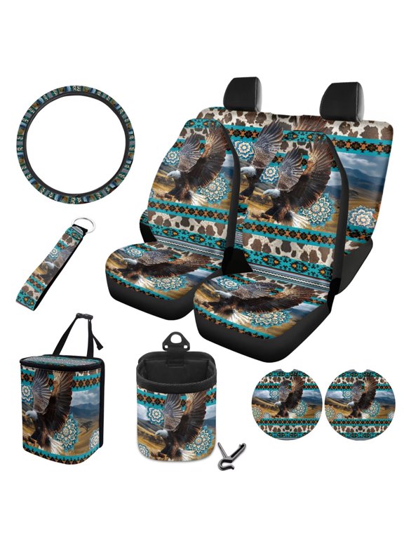 10 Pack Auto Seat Covers Full Set Aztec Eagle Print Car Front Rear Seat Covers Steering Wheel Cover Car Air Vent Storage Pouch Trash Bin Cup Cushions Key Chain, Easy to Install