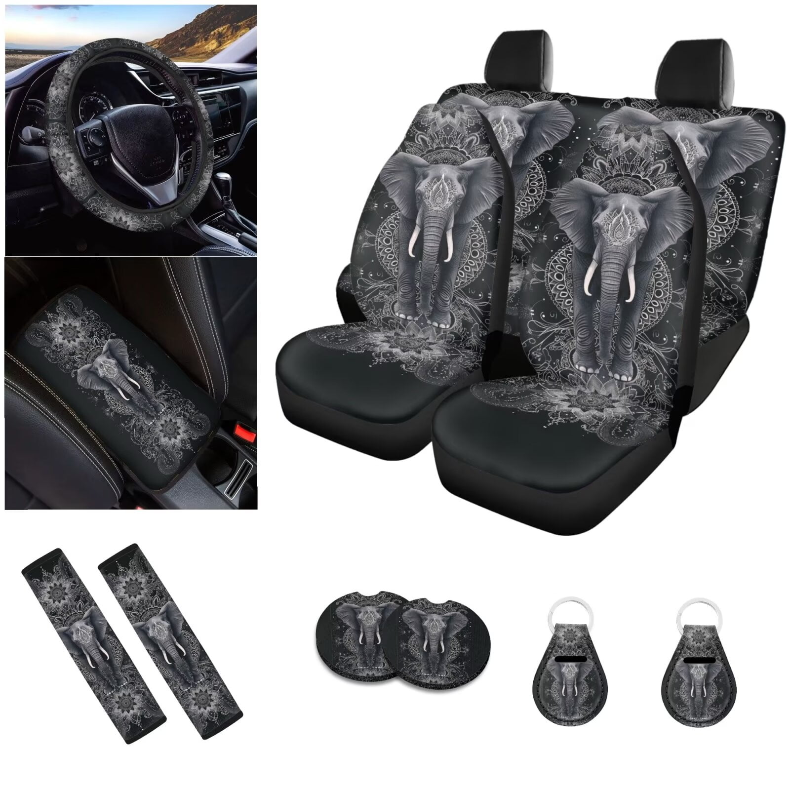 LedBack 12 Pcs Boho Elephant Car Seat Cover Full Set for Women Men, Universal Car Accessories Non Slip Steering Wheel Covers Soft Armrest Pads Seat Belt Cover Coaster for Cars Trucks SUVs
